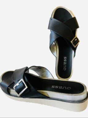 GUESS Women's Slip-on Deana Black, Sliver & White Leather Buckel Sandel Sz 9.5